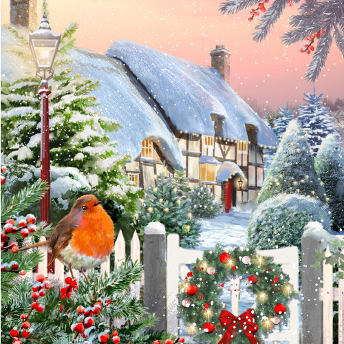 Robin At The Cottage - Small Christmas Card Pack